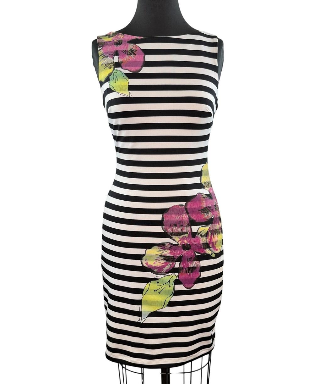 VTG Y2K Cache Black White Sheath Dress Stretch Floral Striped Boat Neck Size 6